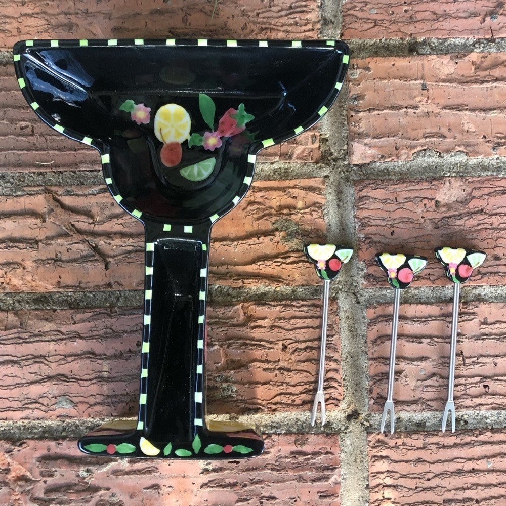 Counter Art Hand Painted Fruity Margarita Shaped Ceramic Snack Dish with 3 Picks